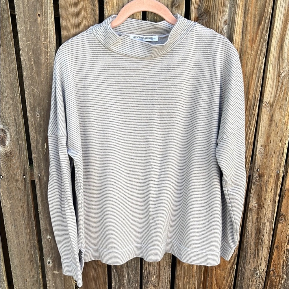Groceries Apparel XL Long Sleeve Top Shirt Gray Striped Organic Cotton Mock Neck